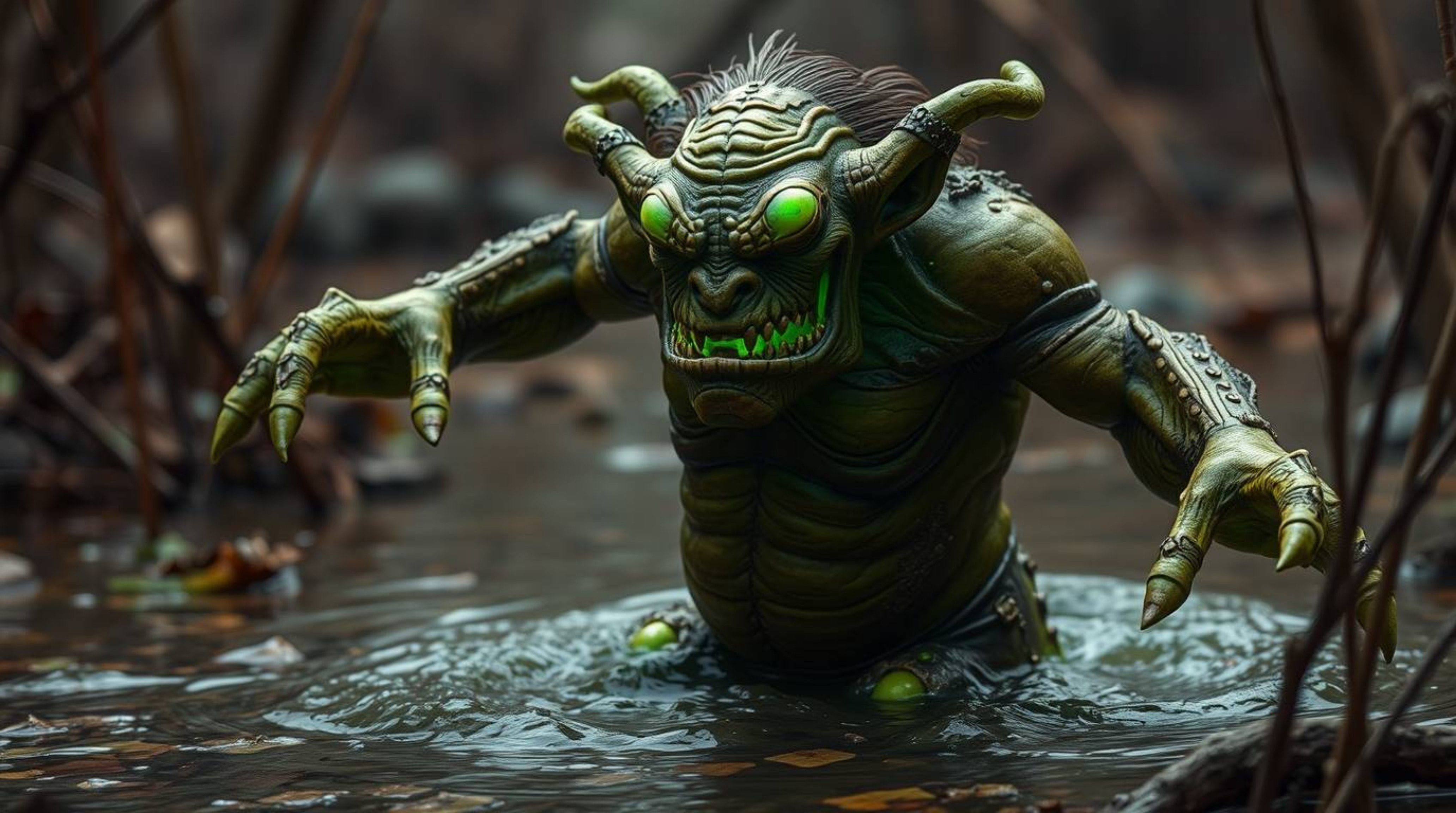 A captivating digital painting of a bioluminescent ogre with bronze-toned skin, gracefully dancing in a mystical swamp.  The 