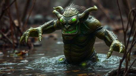 A captivating digital painting of a bioluminescent ogre with bronze-toned skin, gracefully dancing in a mystical swamp.  The 