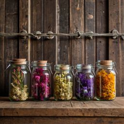 A beautiful collection of colorful dried flowers artfully arranged within clear glass jars. The jars are placed on a charming