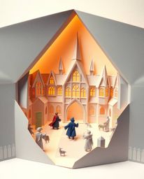 A stunning origami-style illustration depicting a magical school brimming with young wizards. The artwork features a unique f