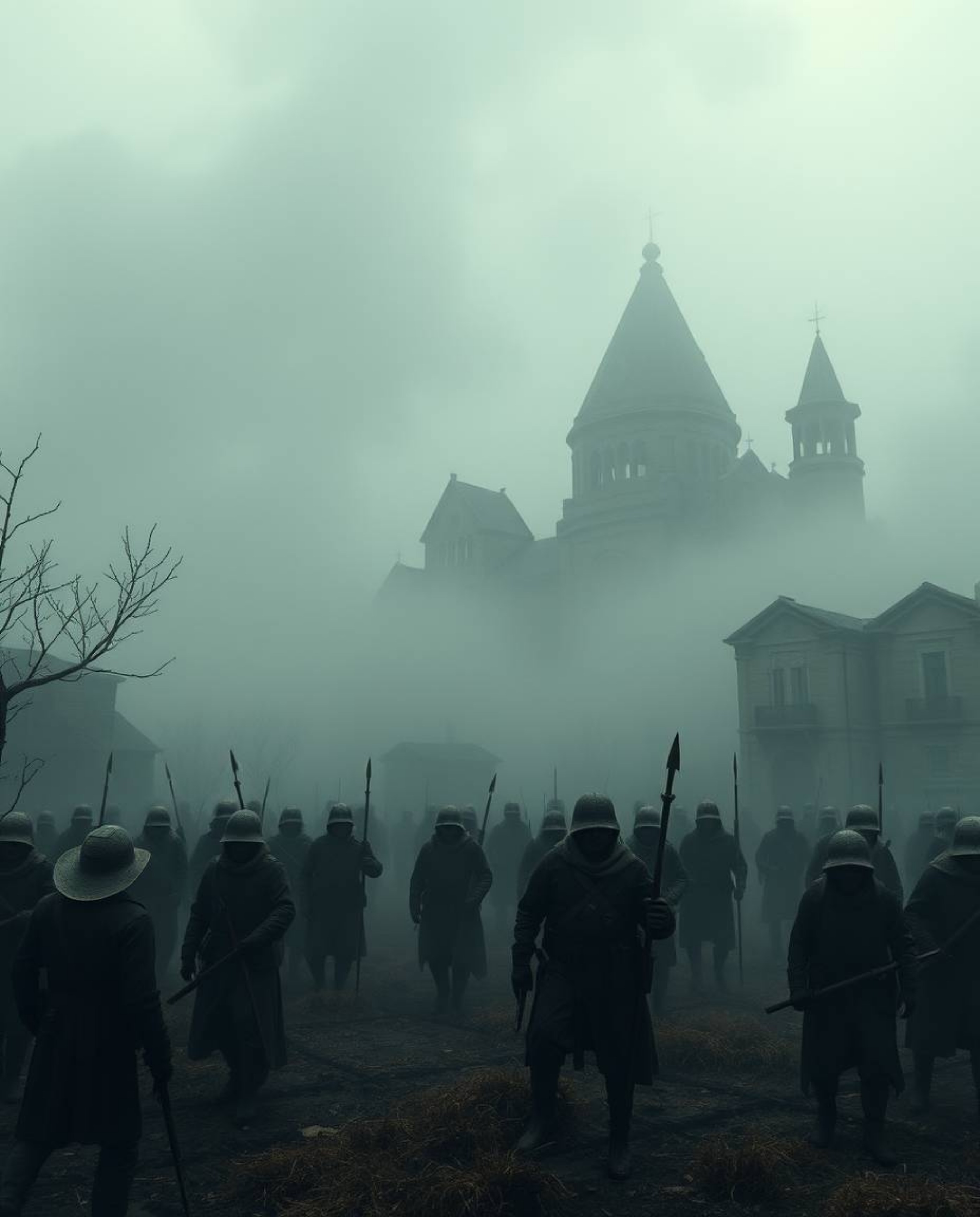 Immerse yourself in a chilling scene where thick fog envelops a battlefield ravaged by time, featuring unsettling details of 