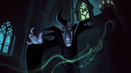 A classic Disney villain, with exaggerated features, casts a spell within the eerie confines of an ancient castle. The scene
