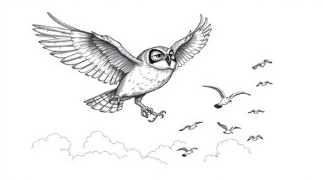 A heartwarming hand-drawn sketch in Pixar style depicts a blind owl with textured pencil strokes and rough lines, soaring pro