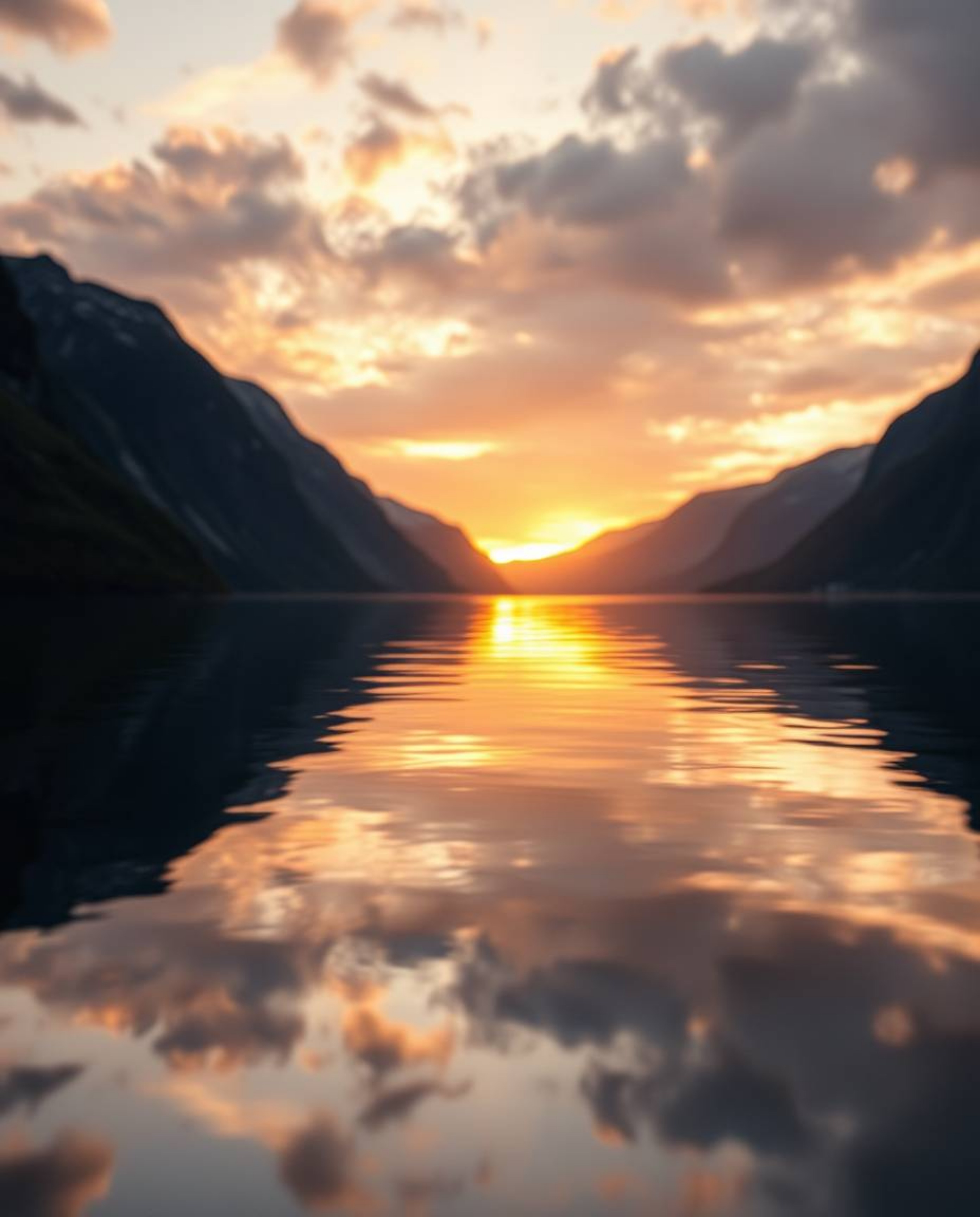 A tight close-up photo of a glassy fjord reflecting a sunset, executed in a professional, fine art photography style. The ima