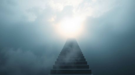 A surreal image depicts a sharply focused stairway winding through smoky clouds towards a bright celestial light.  Enveloped 