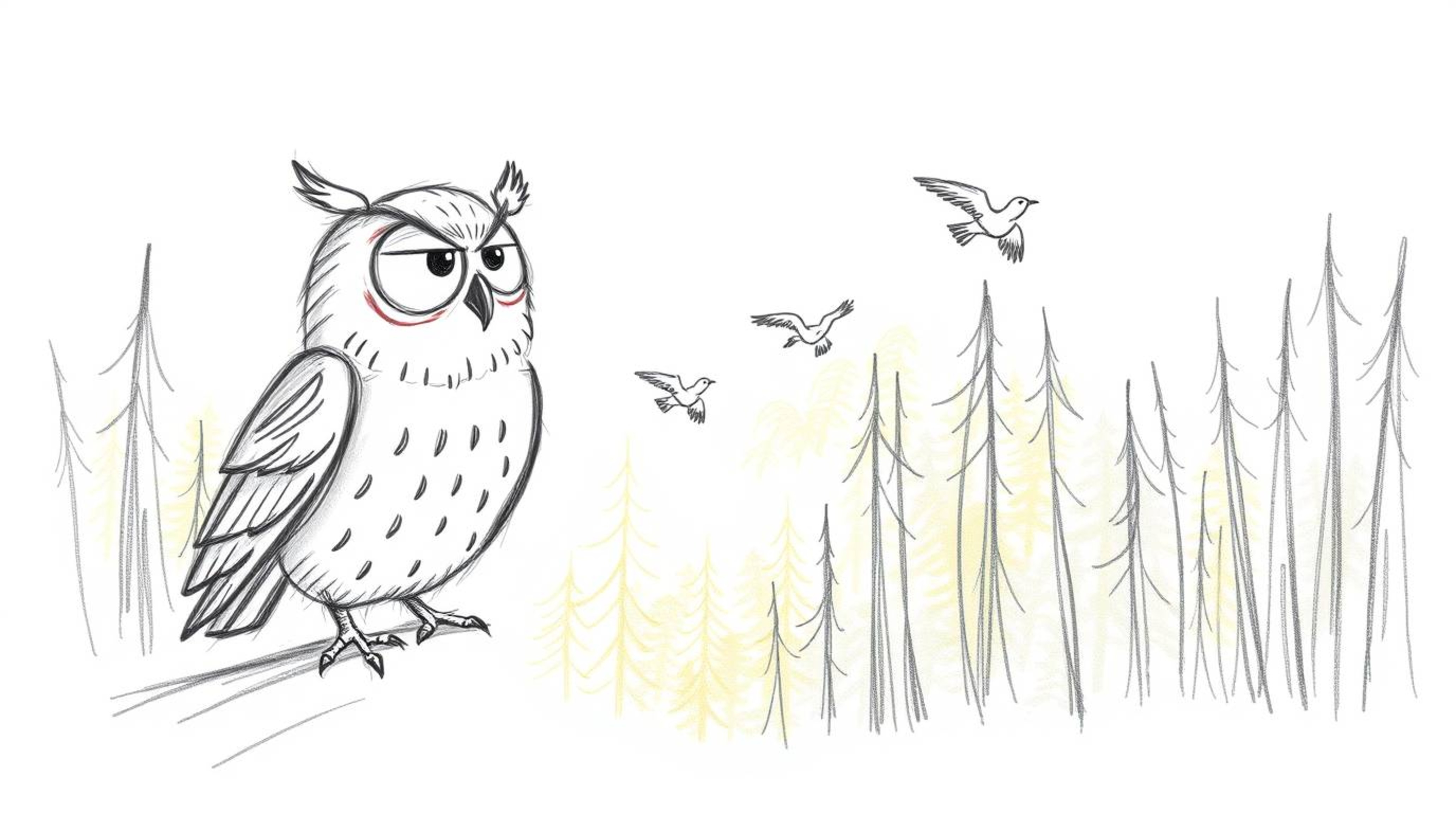 A whimsical hand-drawn sketch in a Pixar style depicts a wise, blind owl with gentle features guiding small birds in flight. 