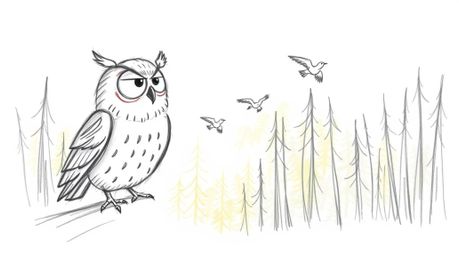 A whimsical hand-drawn sketch in a Pixar style depicts a wise, blind owl with gentle features guiding small birds in flight. 