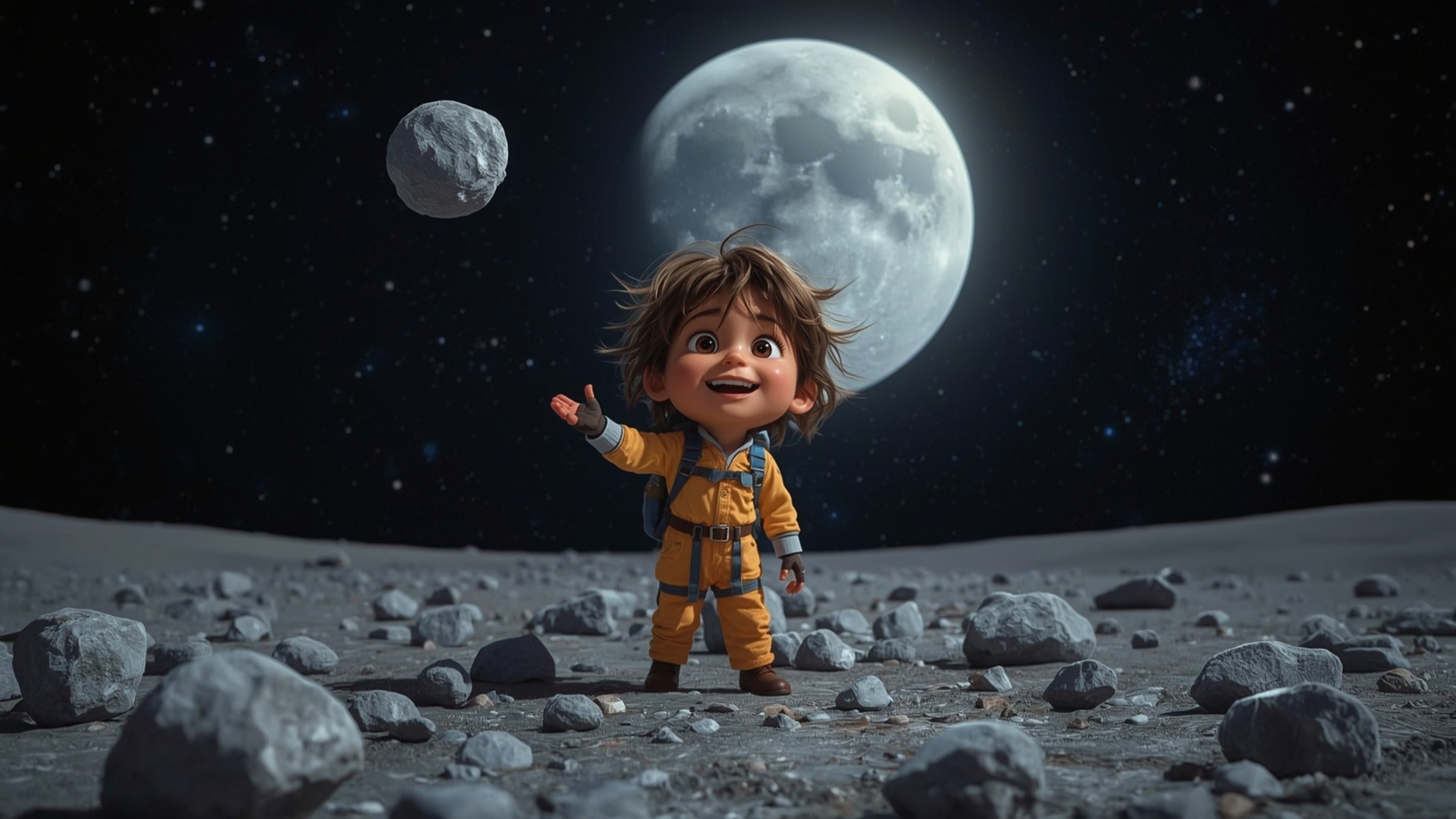 Embark on a whimsical lunar adventure with this vibrant and cinematic photograph, reminiscent of Pixar's stylized characters.