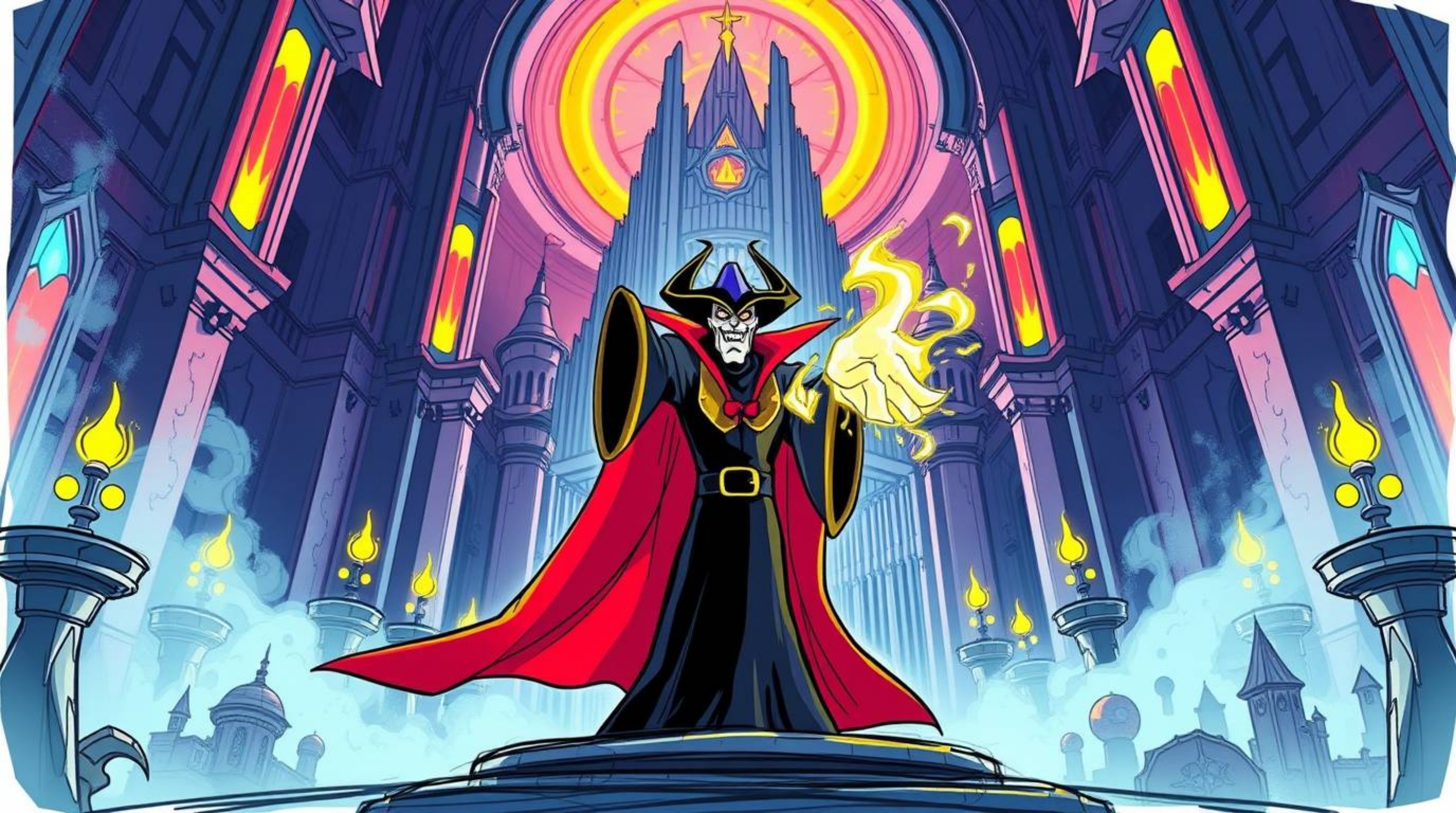 A captivating hand-drawn sketch in sketchnote style depicts a classic Disney villain casting a powerful spell within a futuri