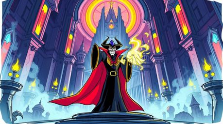 A captivating hand-drawn sketch in sketchnote style depicts a classic Disney villain casting a powerful spell within a futuri
