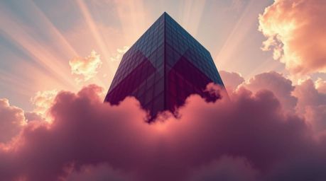 A sophisticated and elegant logo design showcasing a modern glass building seamlessly dissolving into a sky filled with soft,