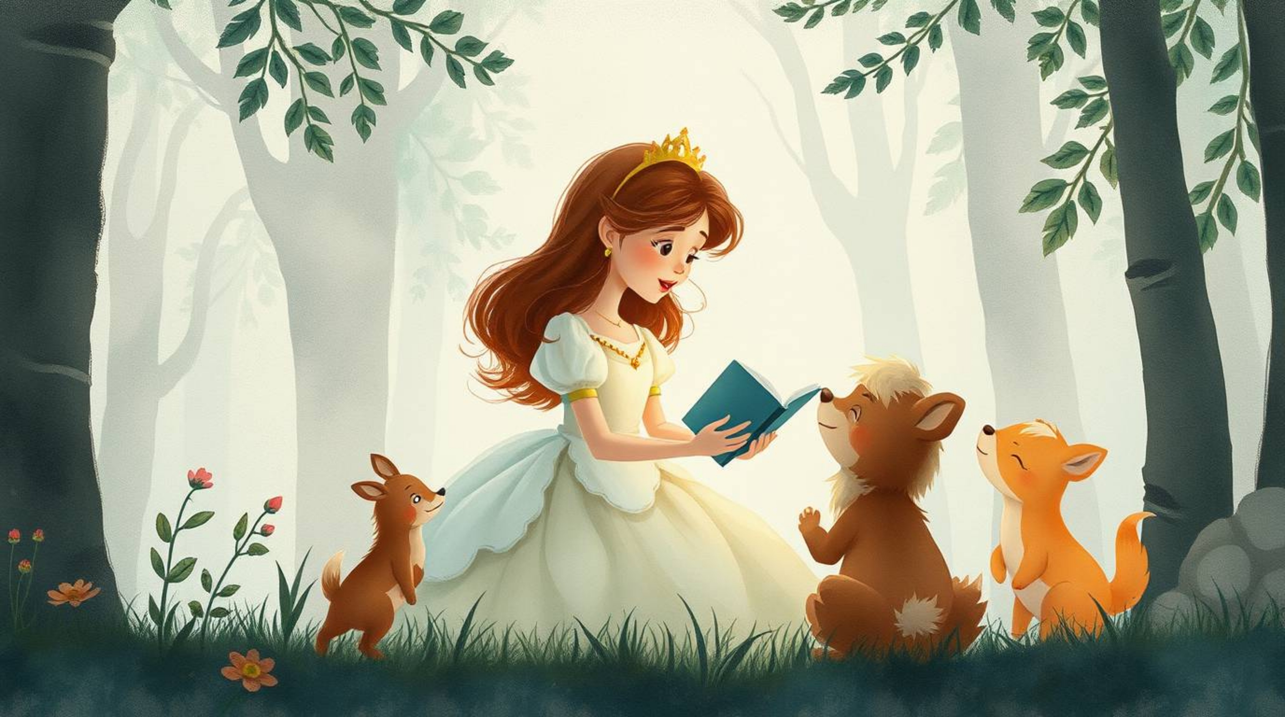 A delicate watercolor painting in a strong, moody style portrays a princess singing harmoniously with forest animals, reminis