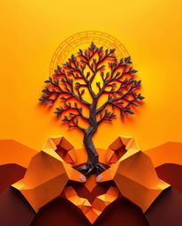 This artwork features an intricate origami-style illustration of hands planting a tree beneath a warm, golden sky. The piece 