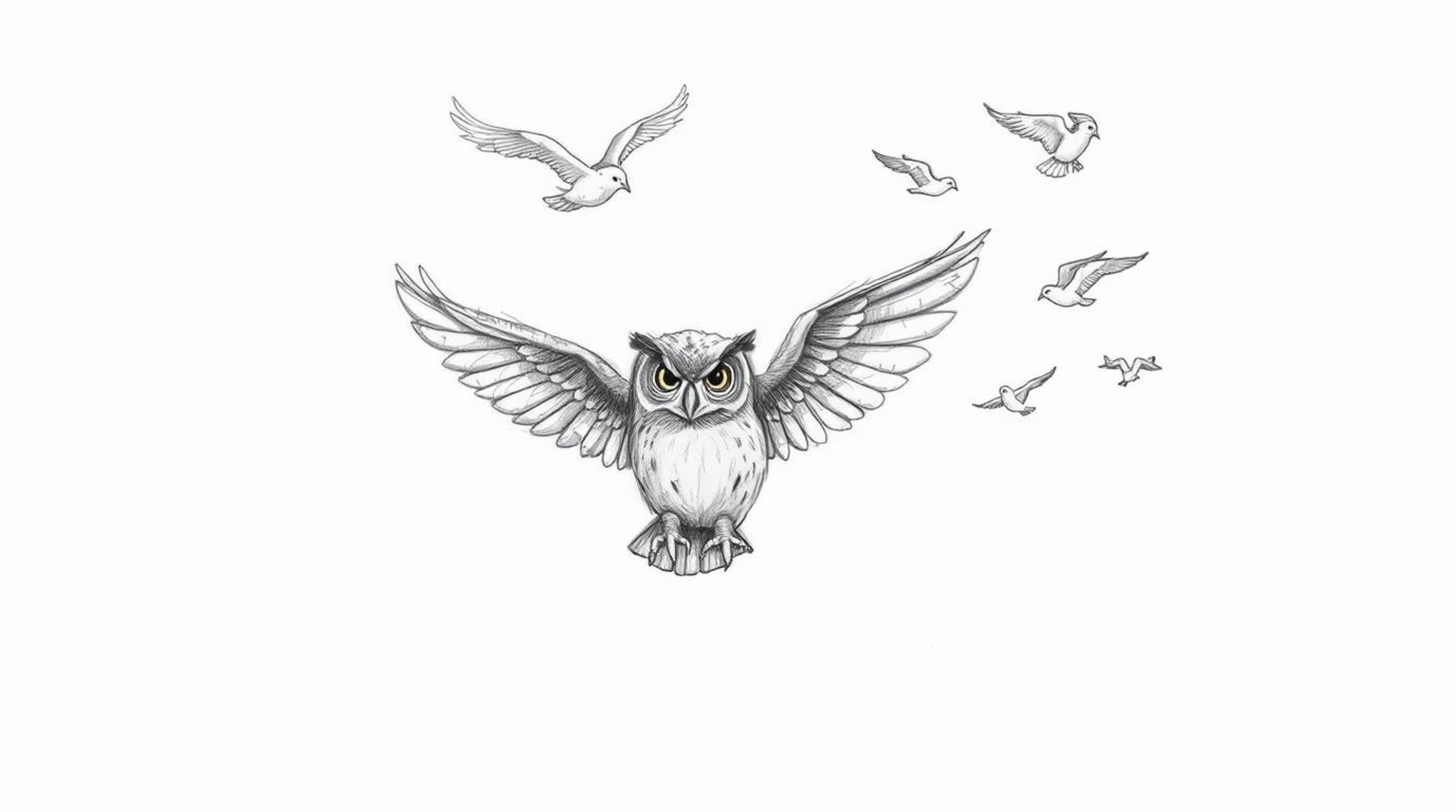 A heartwarming hand-drawn sketch depicts a blind owl, rendered in a textured pencil style akin to Pixar animation, leading a 