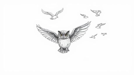 A heartwarming hand-drawn sketch depicts a blind owl, rendered in a textured pencil style akin to Pixar animation, leading a 