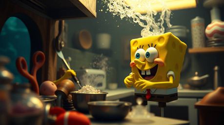 A dynamic and high-quality fine art photograph capturing a sponge character in action, cooking in a vibrant underwater kitche