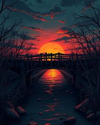A dynamic and bold acrylic painting captures an old wooden bridge over a river at sunset. The artwork showcases vibrant color