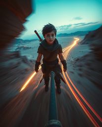 Capture the essence of a brave Disney-style hero embarking on a desert adventure with stunning long exposure photography. Thi