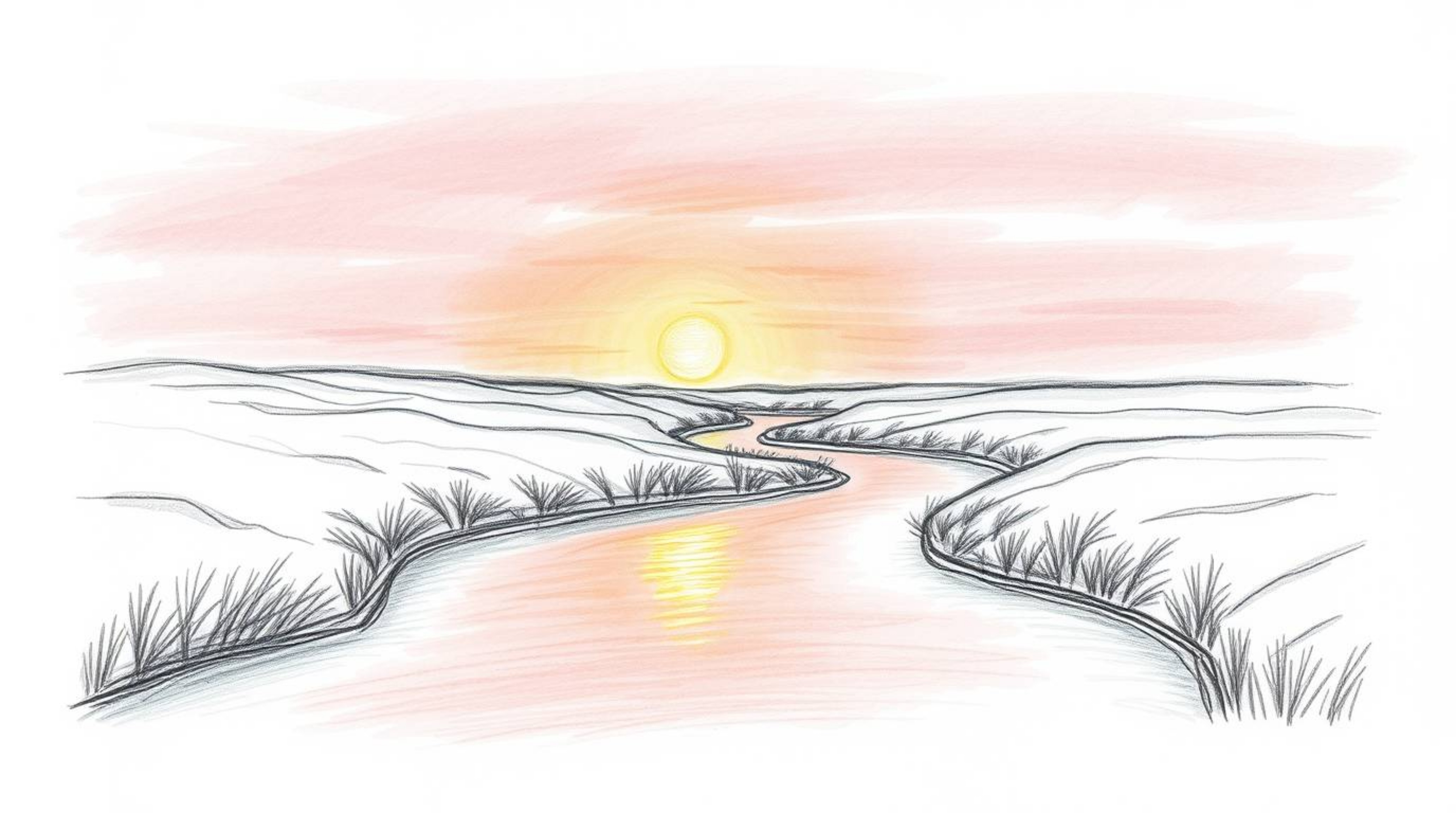 A captivating hand-drawn sketch depicting a winding river softly glowing under a dramatic orange-pink sunset.  The image feat