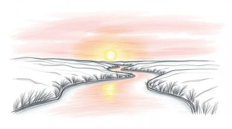 A captivating hand-drawn sketch depicting a winding river softly glowing under a dramatic orange-pink sunset.  The image feat