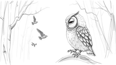 A captivating hand-drawn sketch in the style of Pixar, depicting a blind owl with exquisitely detailed feathers teaching bird