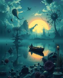 This is a dreamlike and surreal image of a boat drifting on a lake at sunset. The scene is filled with fantastical elements a