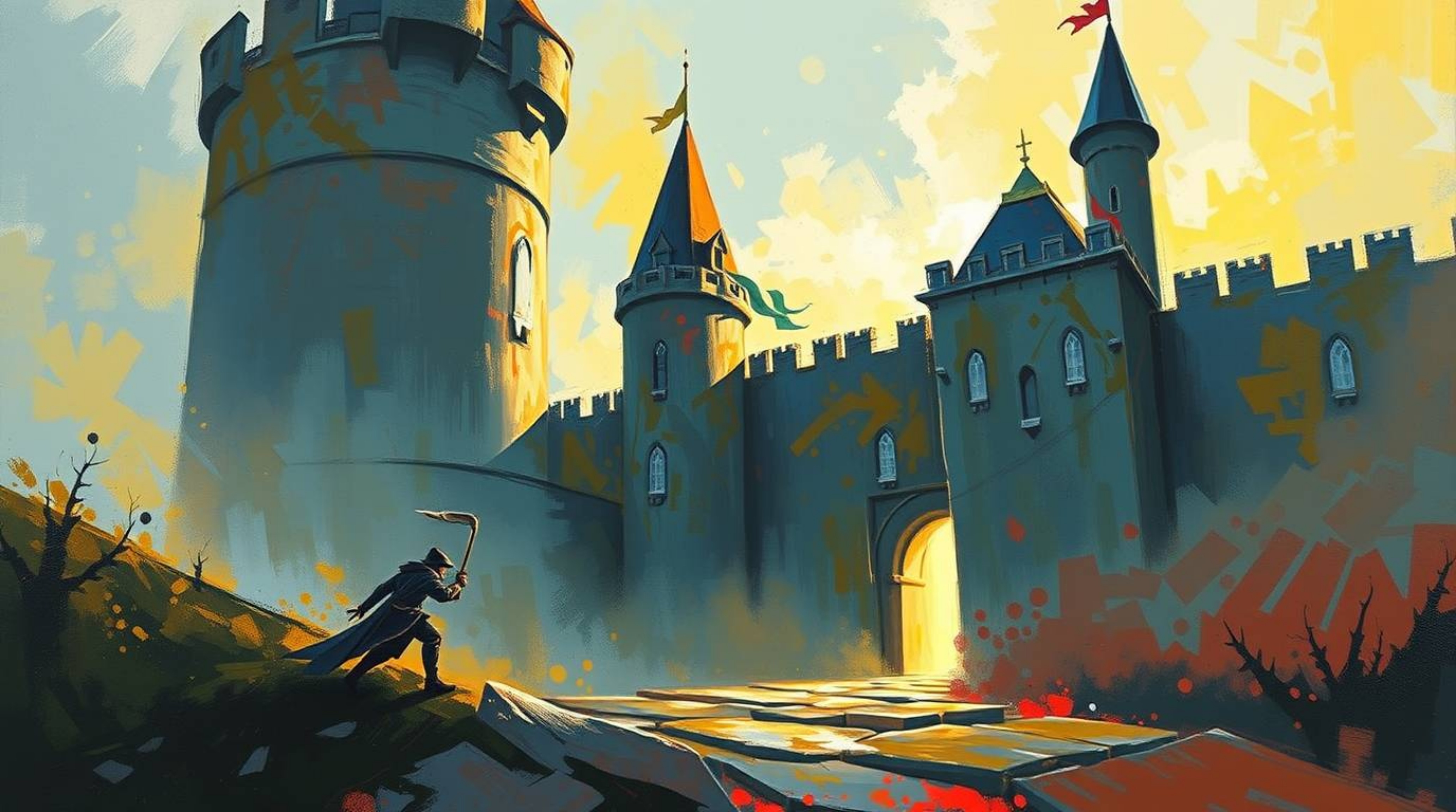 A captivating acrylic painting showcasing a thief's daring infiltration of a heavily guarded castle. The artwork is rendered 