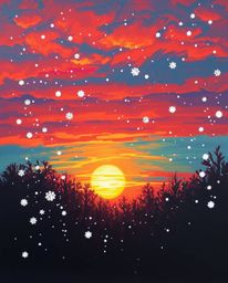 An acrylic painting, viewed from above, captures the dramatic scene of snowflakes falling during a vibrant sunset. The artwor