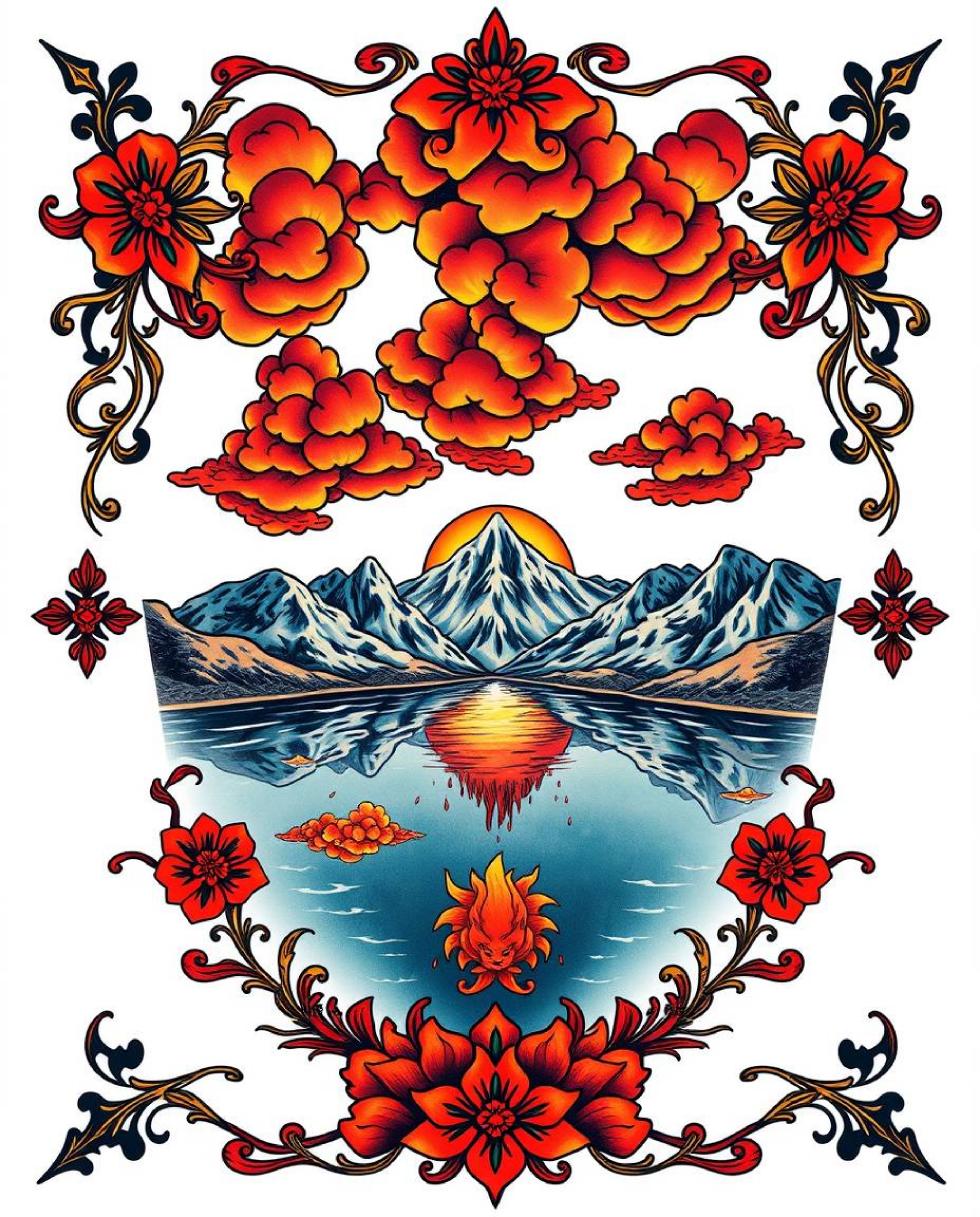 A symbolic traditional tattoo art print, captured from a high-angle perspective, depicts the reflections of fiery clouds in a