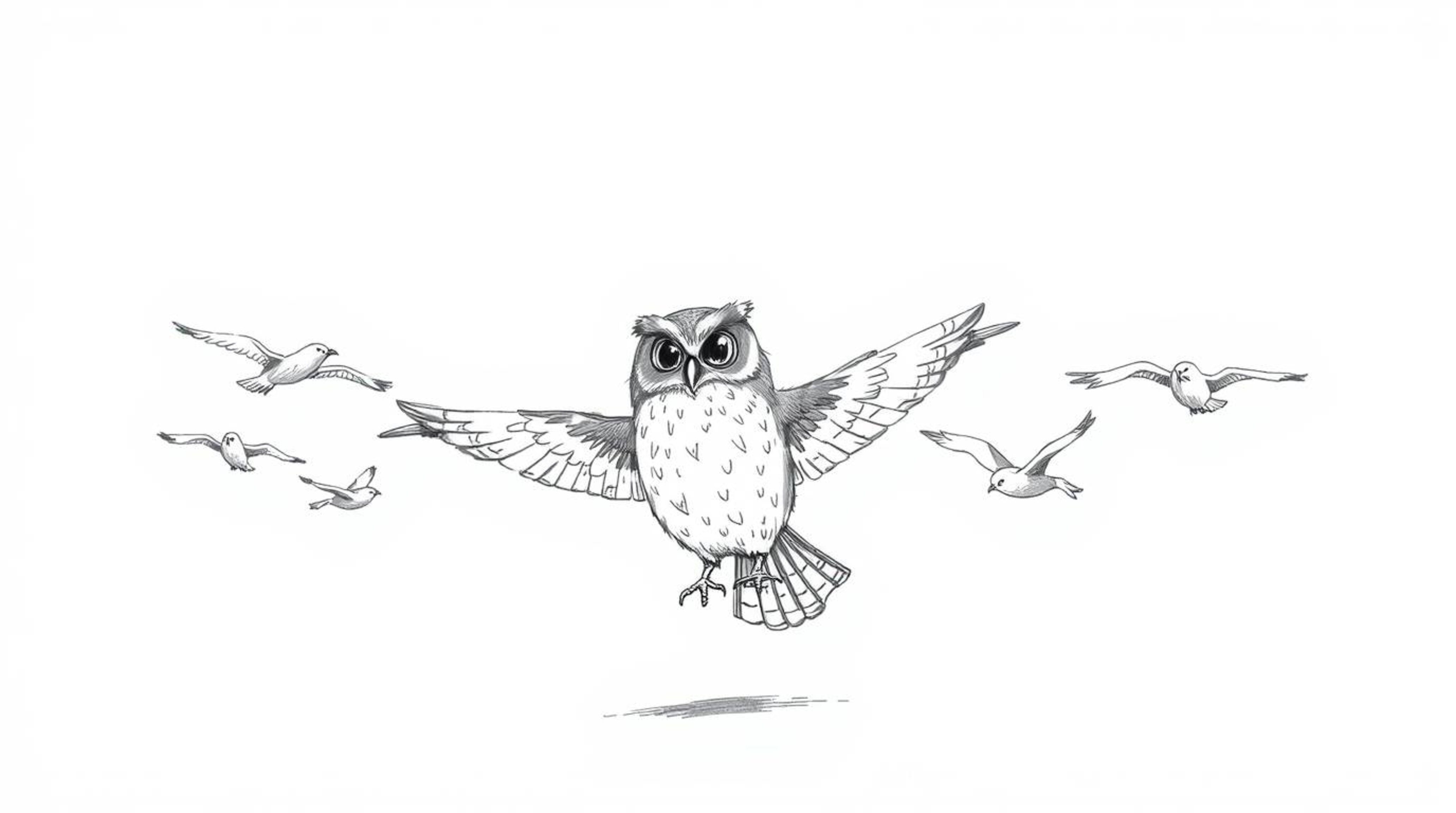 A heartwarming hand-drawn sketch depicting a blind owl, rendered in a textured, rough pencil style and inspired by Pixar aest