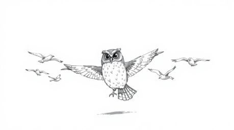 A heartwarming hand-drawn sketch depicting a blind owl, rendered in a textured, rough pencil style and inspired by Pixar aest