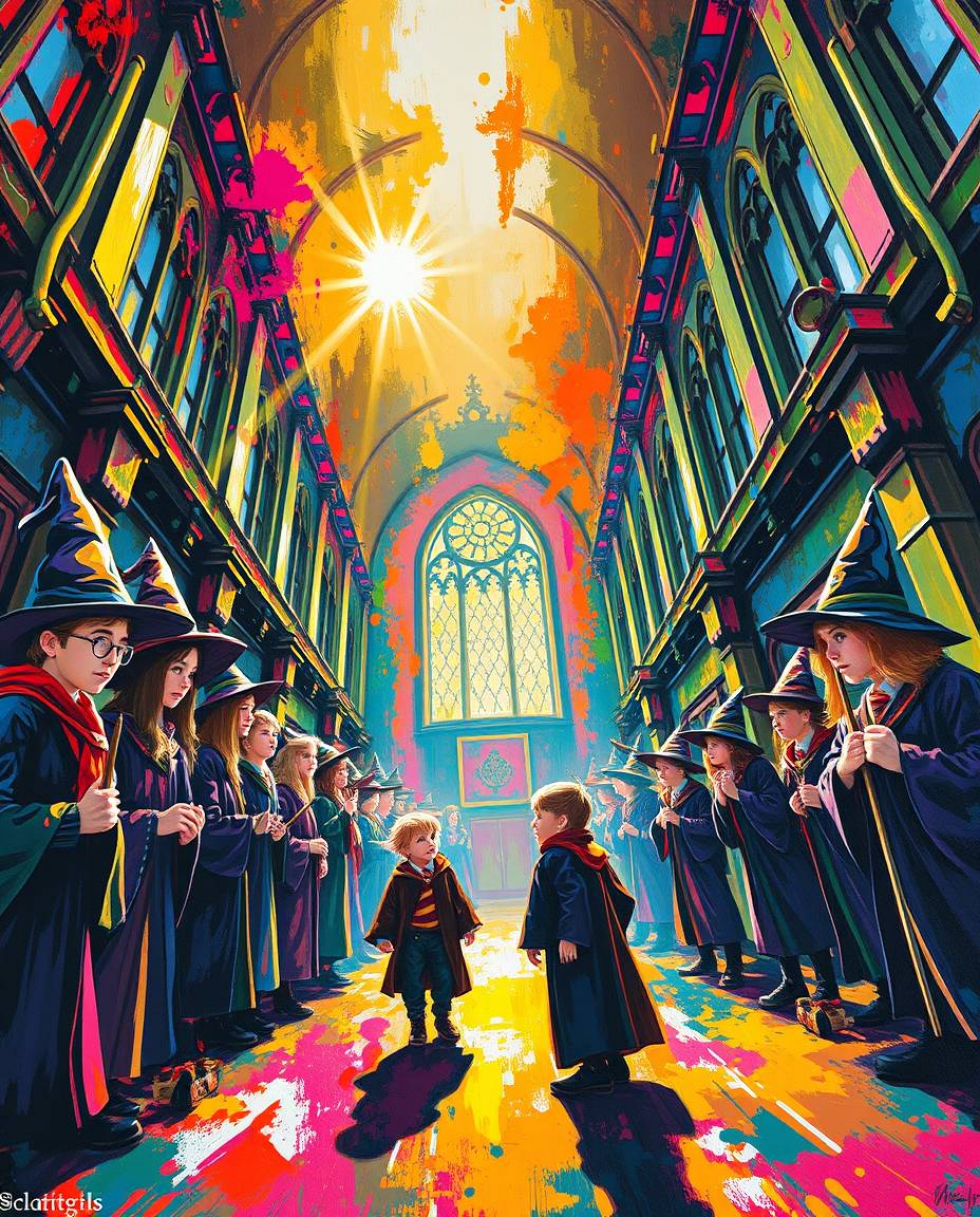 Experience the wonder of a magical school through this bold acrylic painting featuring young wizards in a vibrant setting. Ca