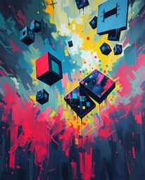 A bold acrylic painting showcases glitched geometric shapes floating in a vibrant, stormy cyberspace, reminiscent of the Matr