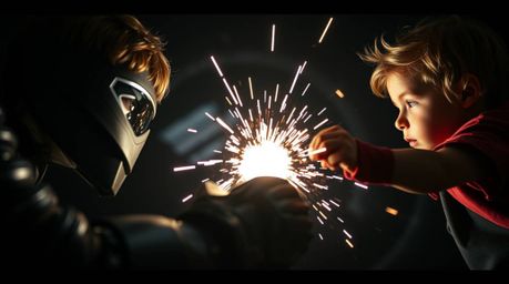 An extreme macro photograph captures a trio of superpowered children locked in an intense battle with a formidable robot. Uti
