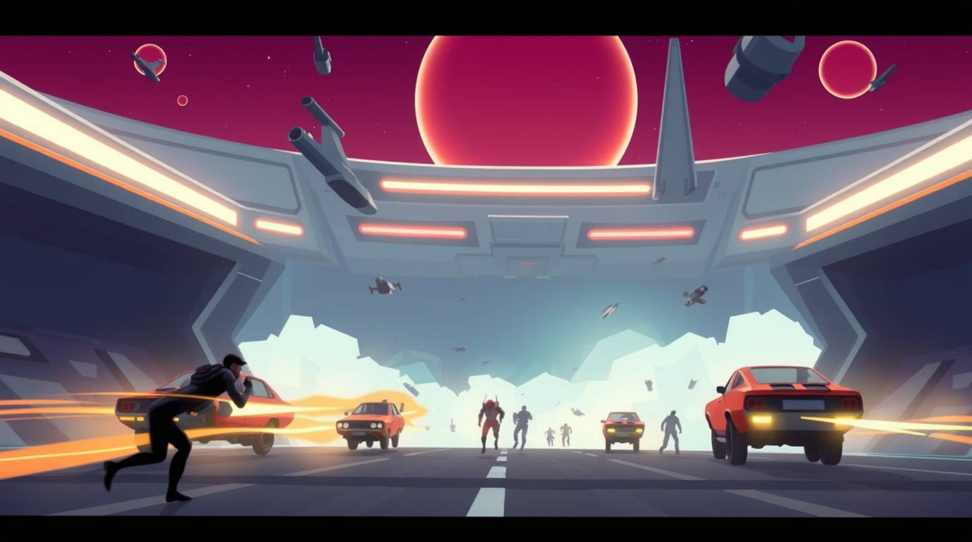 Experience a modern and dynamic chase scene rendered in a sleek flat design, boasting an epic scale and set in a futuristic w