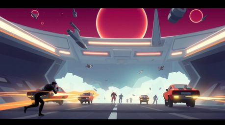 Experience a modern and dynamic chase scene rendered in a sleek flat design, boasting an epic scale and set in a futuristic w