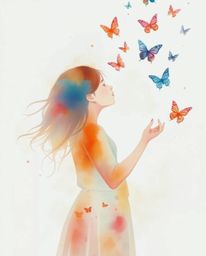 A captivating watercolor painting depicts a young girl gently releasing a flurry of butterflies into the air.  The artwork fe