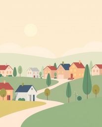 Discover a captivating illustration of a sleepy town, rendered in a modern flat design style with pastel-colored houses and a