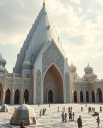 Experience a modern and grand epic scene showcasing intricate Islamic geometric patterns carved in stone, resembling delicate