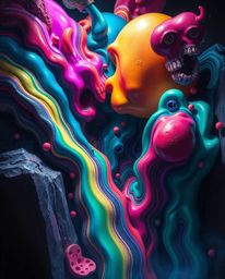 This image presents an eerie and unsettling atmosphere, showcasing colorful 3D fluid shapes interacting dynamically with geom