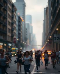 A dramatic photograph capturing the chaos and urgency of a city engulfed in flames.  The image focuses on people running for 