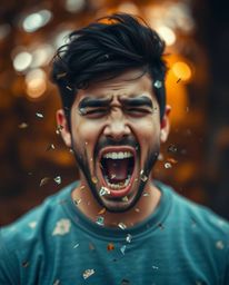 A captivating digital art piece depicting a person screaming as their world fractures into vibrant autumn-colored pixels.  Th