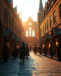 A captivating fine art photograph showcasing a magical school brimming with young wizards, bathed in the warm, inviting light