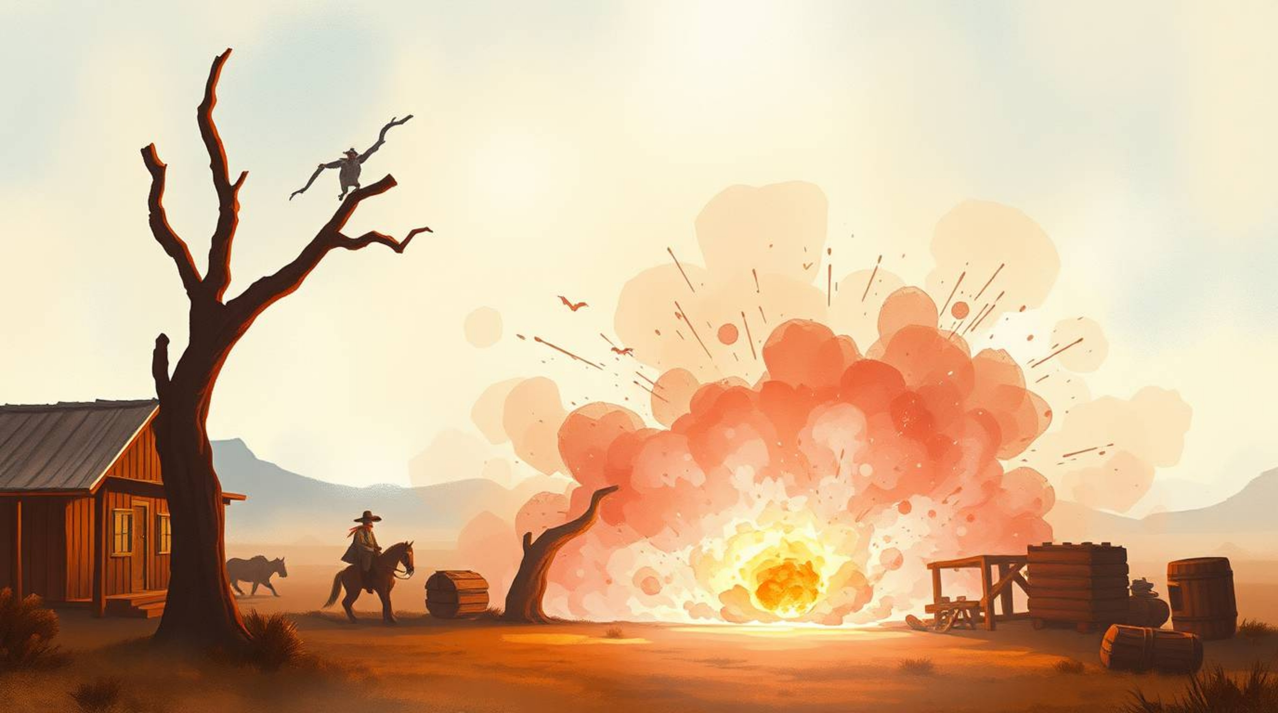 A classic exploding TNT gag set in the wild west is reimagined in this delicate watercolor painting. The artwork evokes a sof