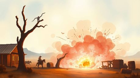 A classic exploding TNT gag set in the wild west is reimagined in this delicate watercolor painting. The artwork evokes a sof