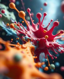 A captivating close-up showcases surreal digital art featuring abstract 3D colorful splash shapes floating in space.  The ima