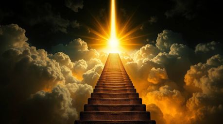 A captivating image of a golden staircase ascending through ethereal clouds towards a glowing heaven.  The artwork features d