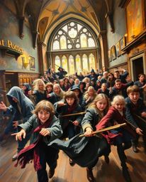 A classic oil painting captures the energy of a magical school teeming with young wizards in vibrant motion.  The artwork is 