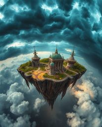 Explore a breathtaking bird's eye view of a surreal floating island, showcasing bizarre and captivating architecture. The sce