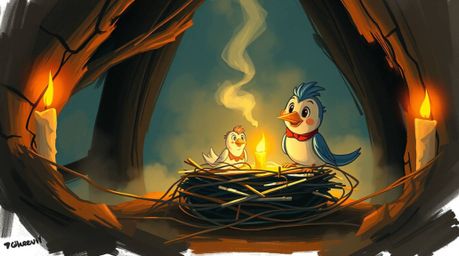 A dynamic digital sketch showcases two cartoon birds diligently building a nest in a classic animation style. Loose, painterl